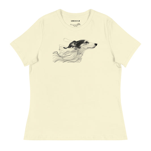 border collie dog deconstructed line drawing on women's relaxed fit cotton t-shirt. this option is a yellow t-shirt with a black and grey print. designed in Los Angeles. Made to order.